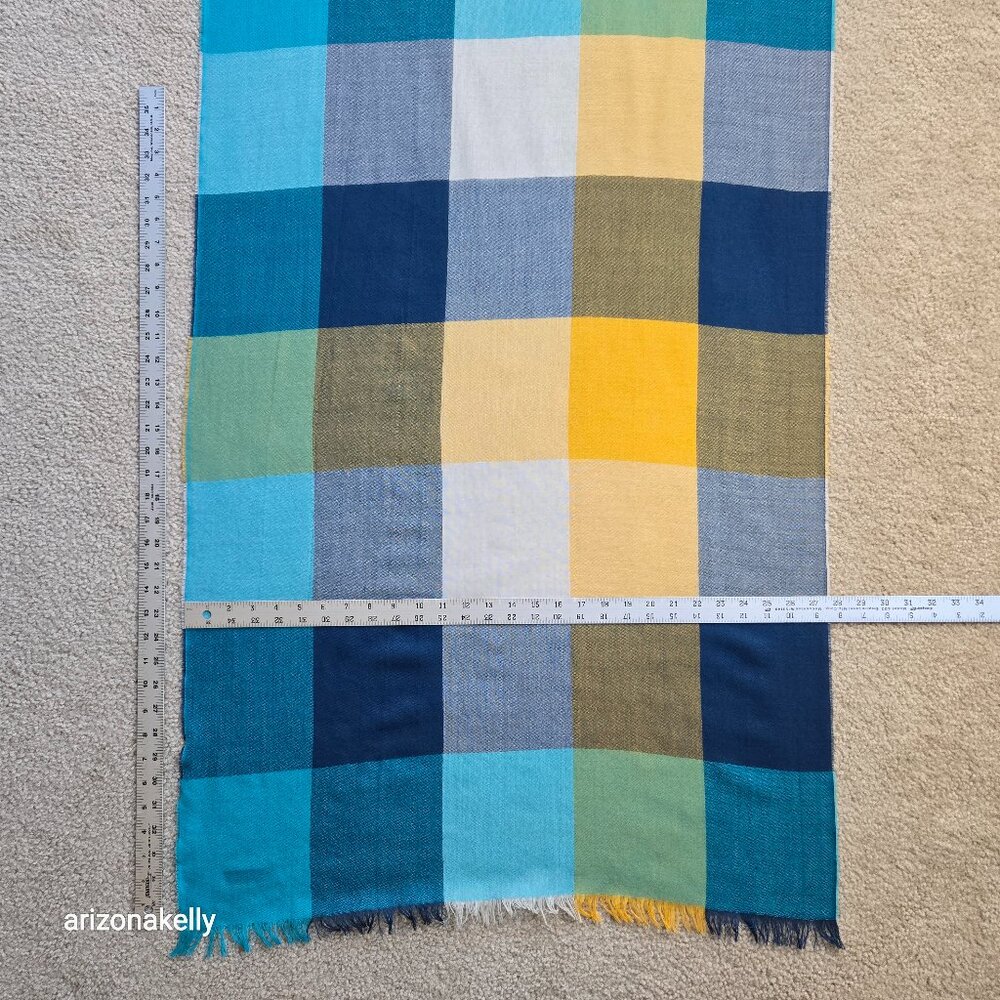 100% Wool Lightweight Checked Scarf Blue White Yellow Made in Scotland